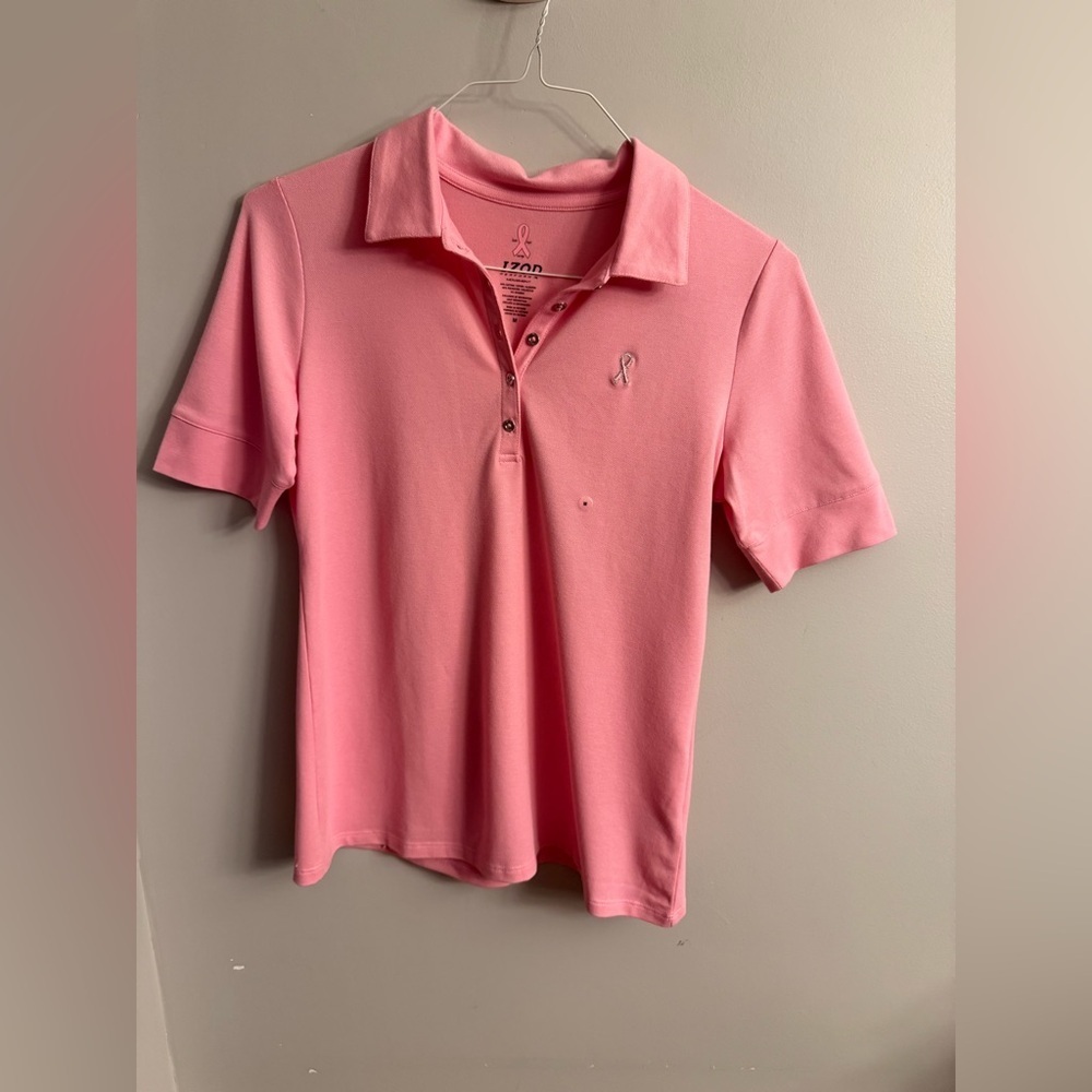 IZOD Pink Polo Shirt Breast Cancer Awareness Ribbon Womens Medium Golf Preppy